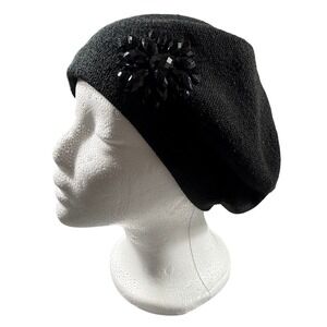 Black Knit Slouchy Beanie Hat‎ Floral Appliqué One Size Soft Winter Cap